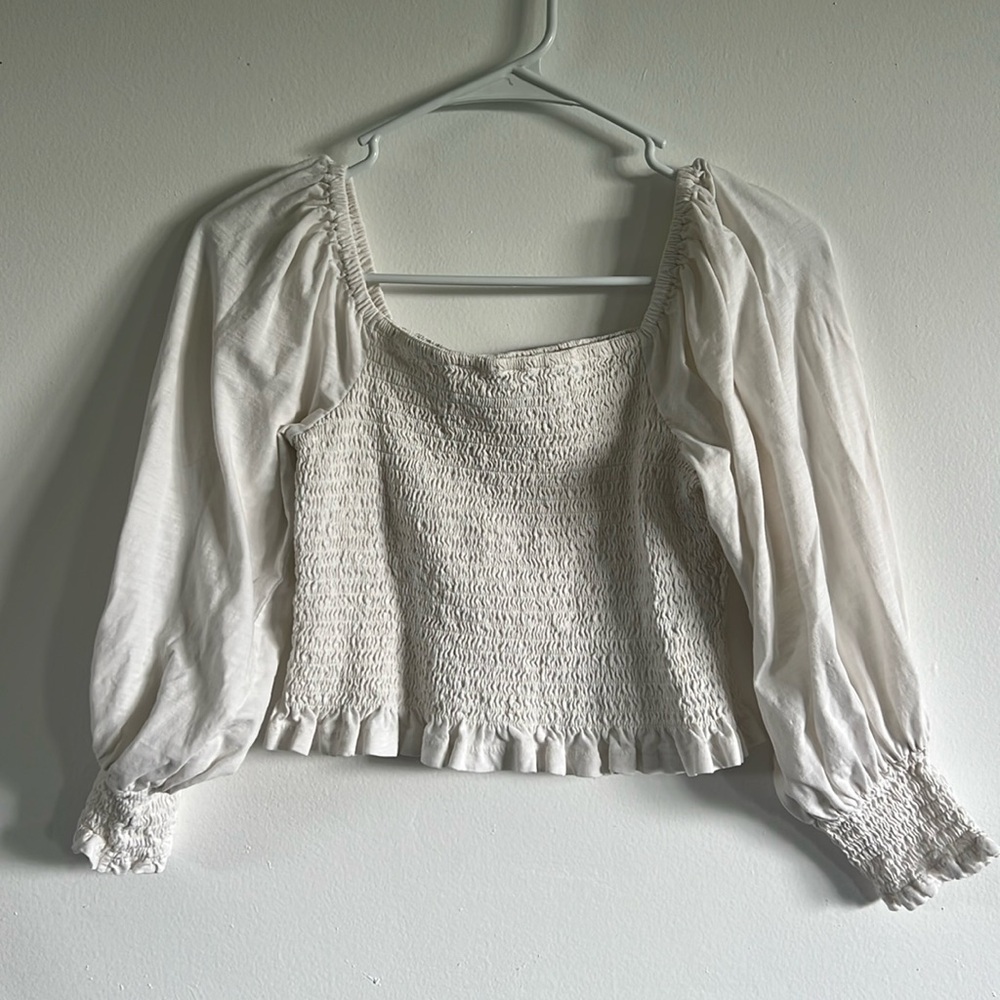 Anthropologie Pilcro White Smocked Puff Sleeve Cropped Blouse